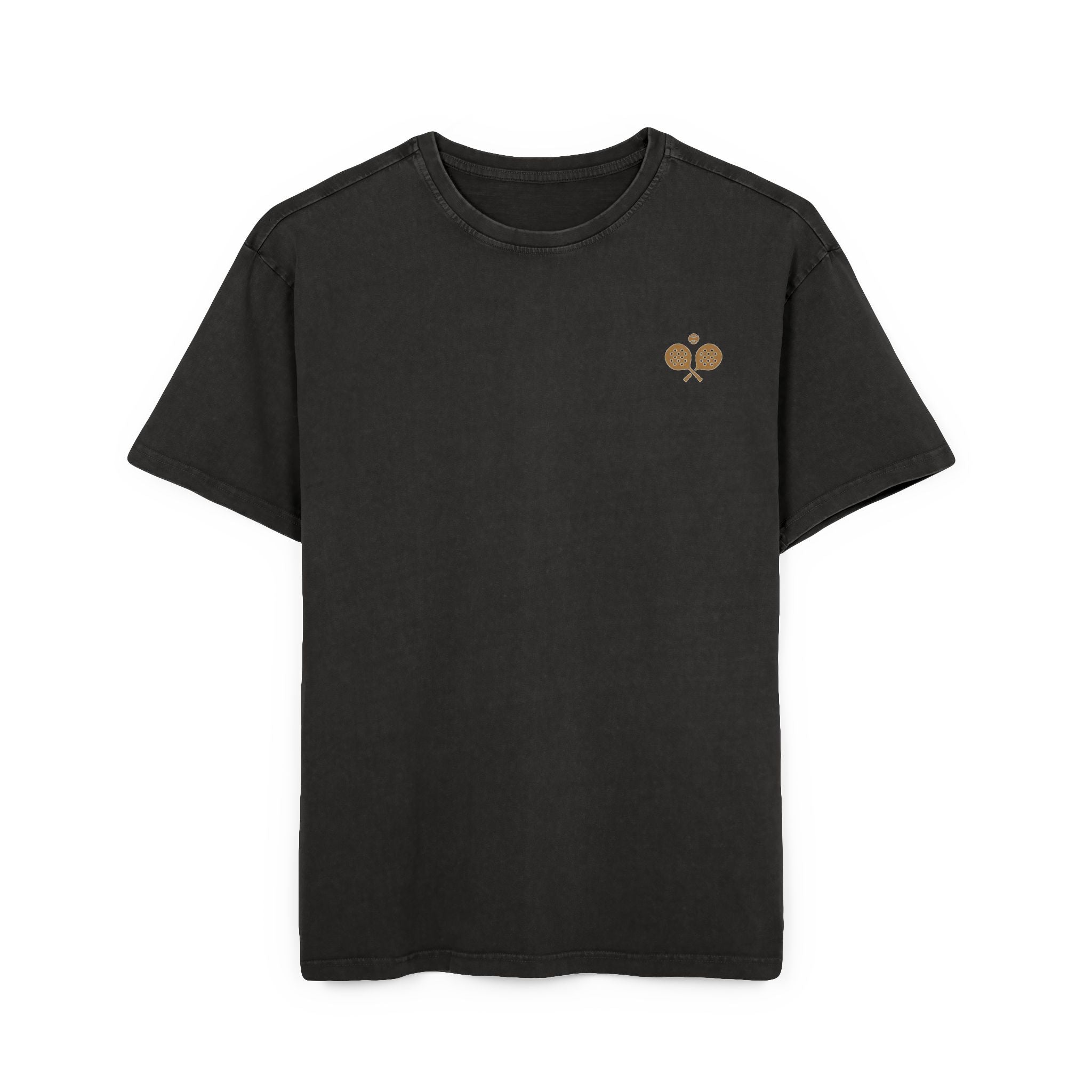 Our Iconic Varsity Padel sans Frontiéres logo on an acid washed over sized T
