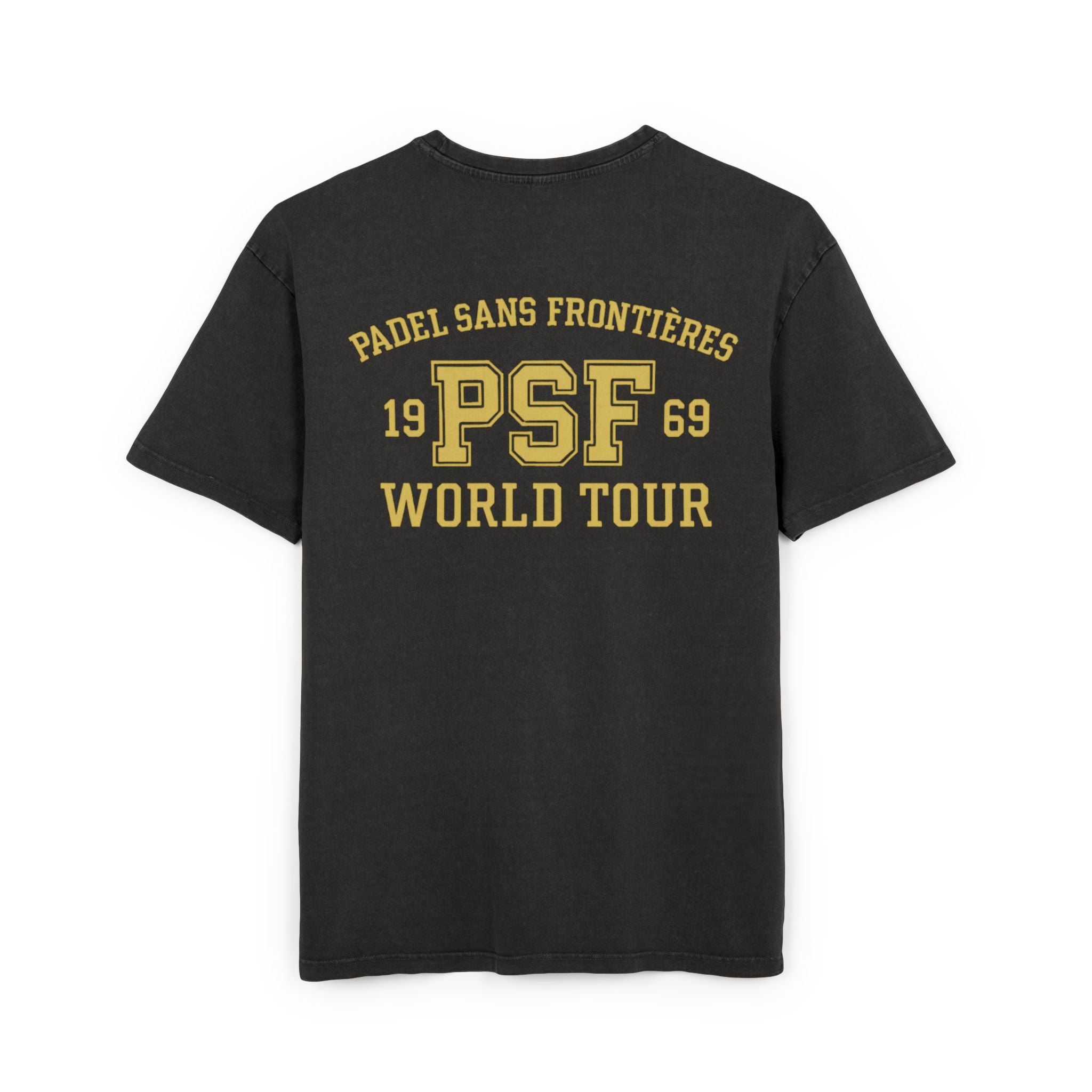 Our Iconic Varsity Padel sans Frontiéres logo on an acid washed over sized T